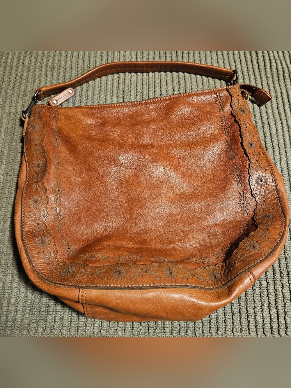 Classic Brown Leather Shoulder Bag - Floral Embossed Design